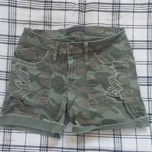 Green Camo Cargo Shorts with Belt Loops and Wide Waistband